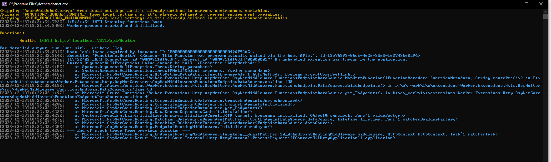 Azure Functions: System.ArgumentNullException: Value cannot be null. (Parameter 'httpMethods')